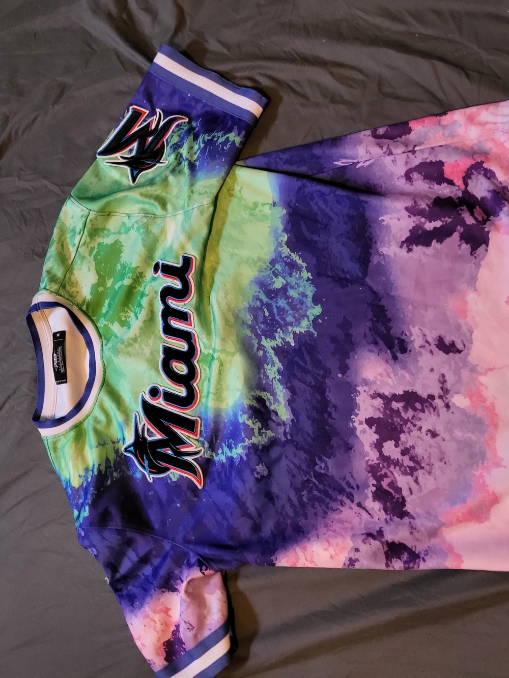 Miami Marlins Tie-Dye Kids Jersey in Green, Purple & Pink